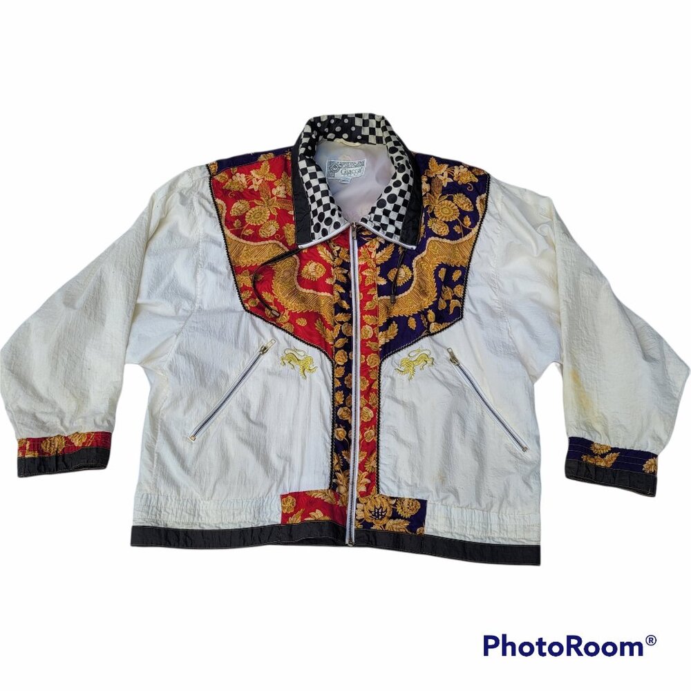 Nylon Jacket Vtg Gold Metallic Lions Windbreaker 90's Oversized Baroque Giacca